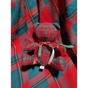 Tartan Plaid Stuffed Teddy Bear Holiday Red Green Accents Green Bow